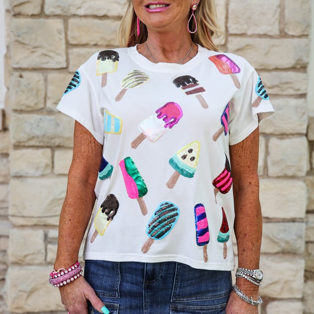 NWT Queen Of Sparkles White Scattered Multi Color Popsicle Tee